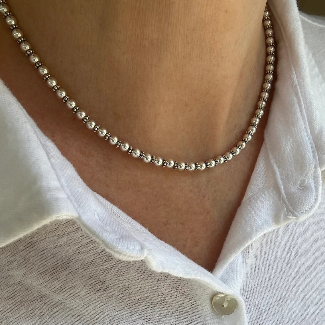 4mm Sterling Silver Polished Round Bead Thin Dainty Sparkly Bali Choker Necklace