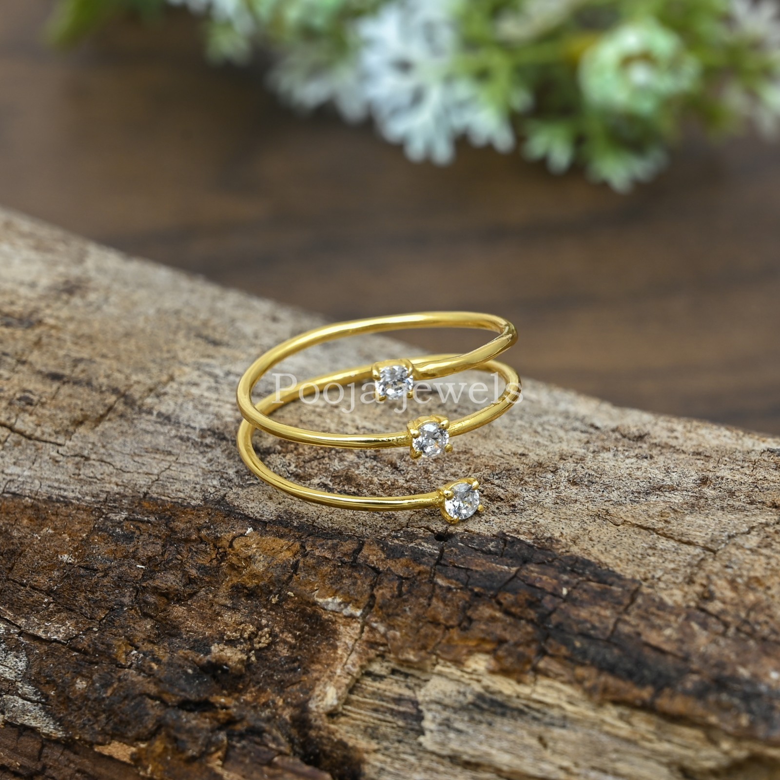 14K Yellow Gold Plated Triple Wrap Open Ring Round CZ Adjustable Minimalist Band