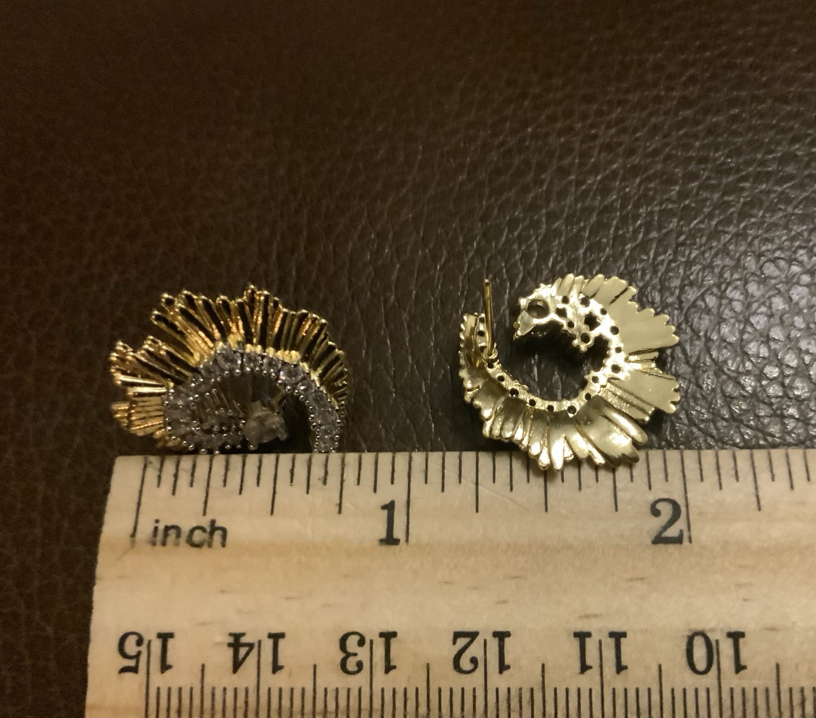 Art Deco Hoop Earrings Gold Molten Sunburst Fan Ribbed Textured Pave Abstract