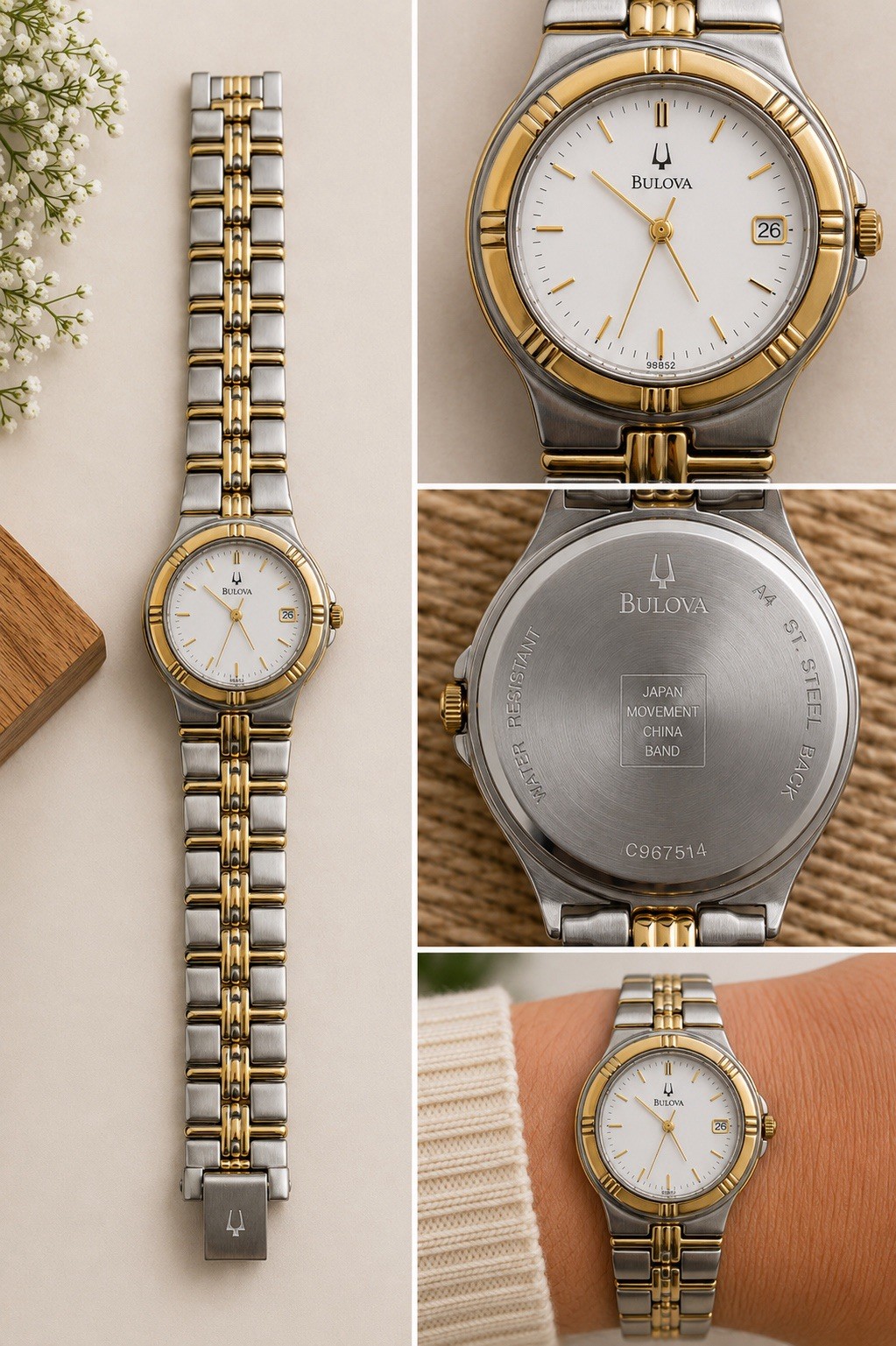 Bulova Watch Men 34mm White Dial Two Tone Date Round 98B52 New Battery