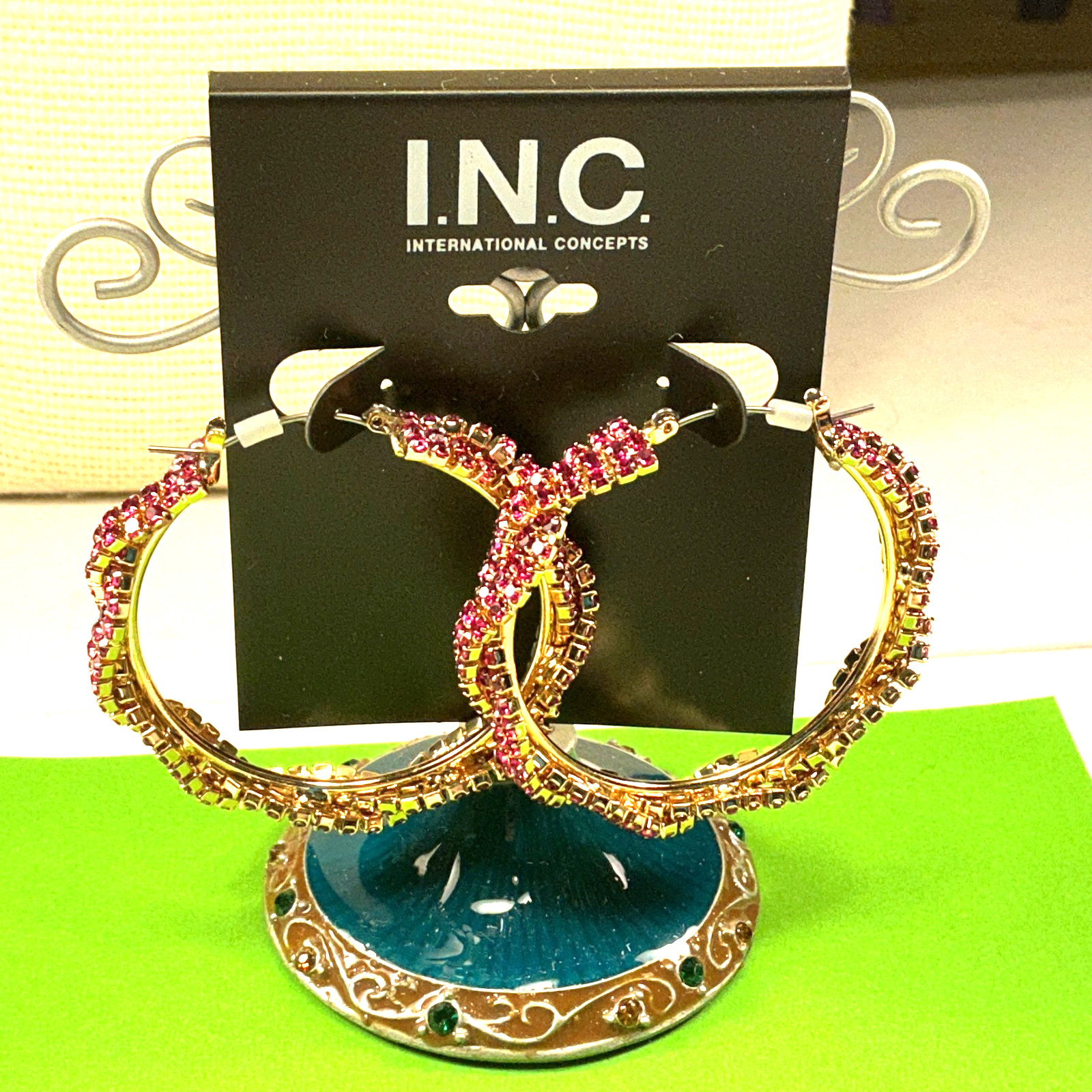 Inc Earrings Gold Hot Pink Fuchsia Rhinestone Large Twist Locking Hoop NWT