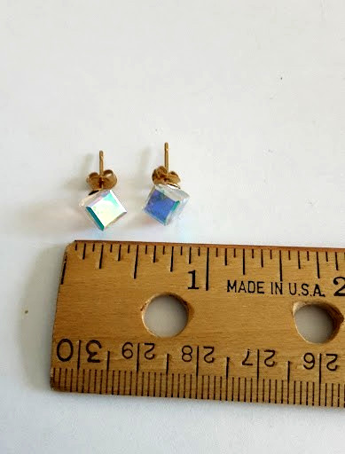 VTG Aurora Borealis Clear Glass Cube Stud Earrings Surgical Steel With Box