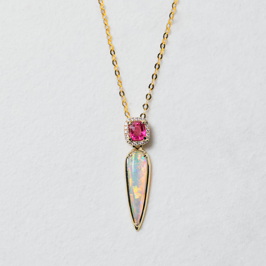 Pink Spinel & Australian Solid Opal Diamond Necklace in 14K Gold