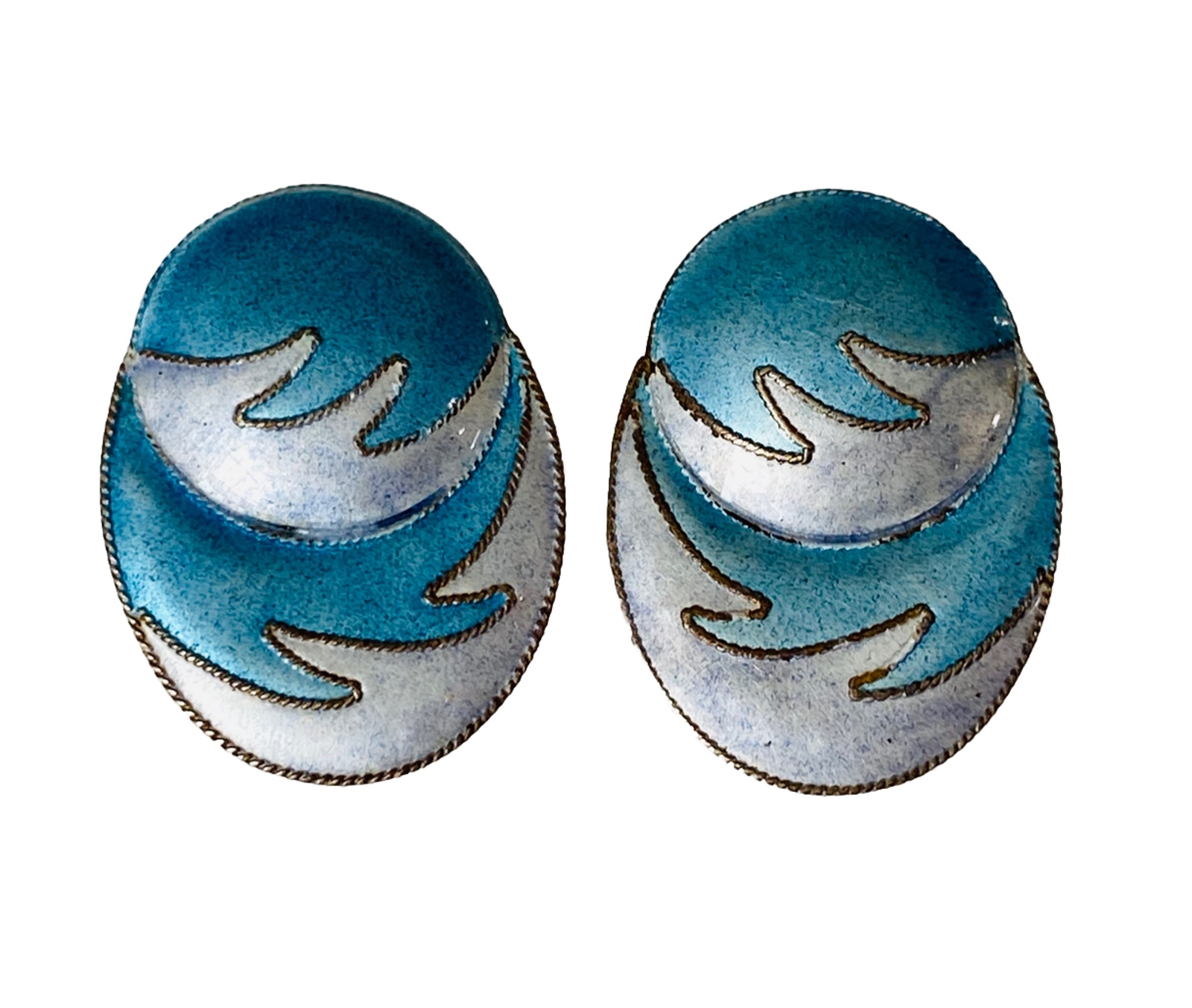 Vintage Chinese Export Gilt Sterling Silver Enamel Blue Waves Oval Earrings