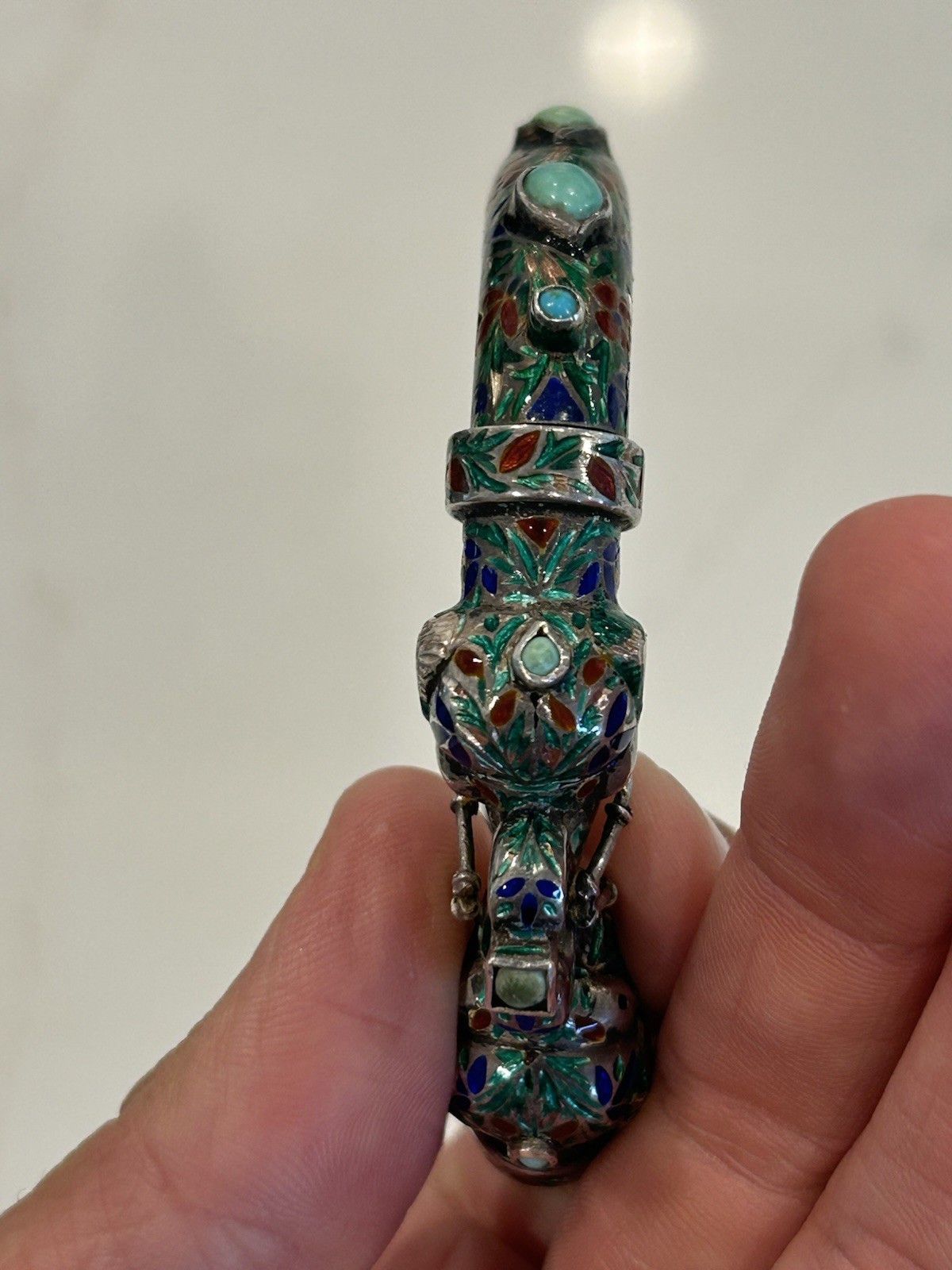 Vintage Indian Meenakari Sterling Enameled Elephant Head Bangle Turquoise AS IS