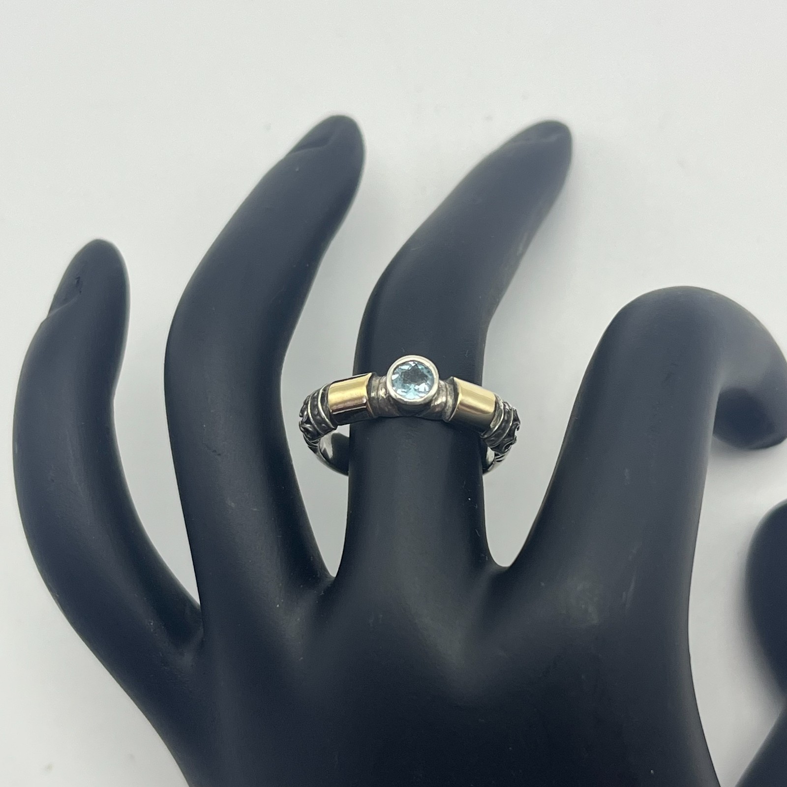 925 Sterling Silver & 14K Gold Blue Topaz Ring Size 7 Artisan Designer Band 4.8g