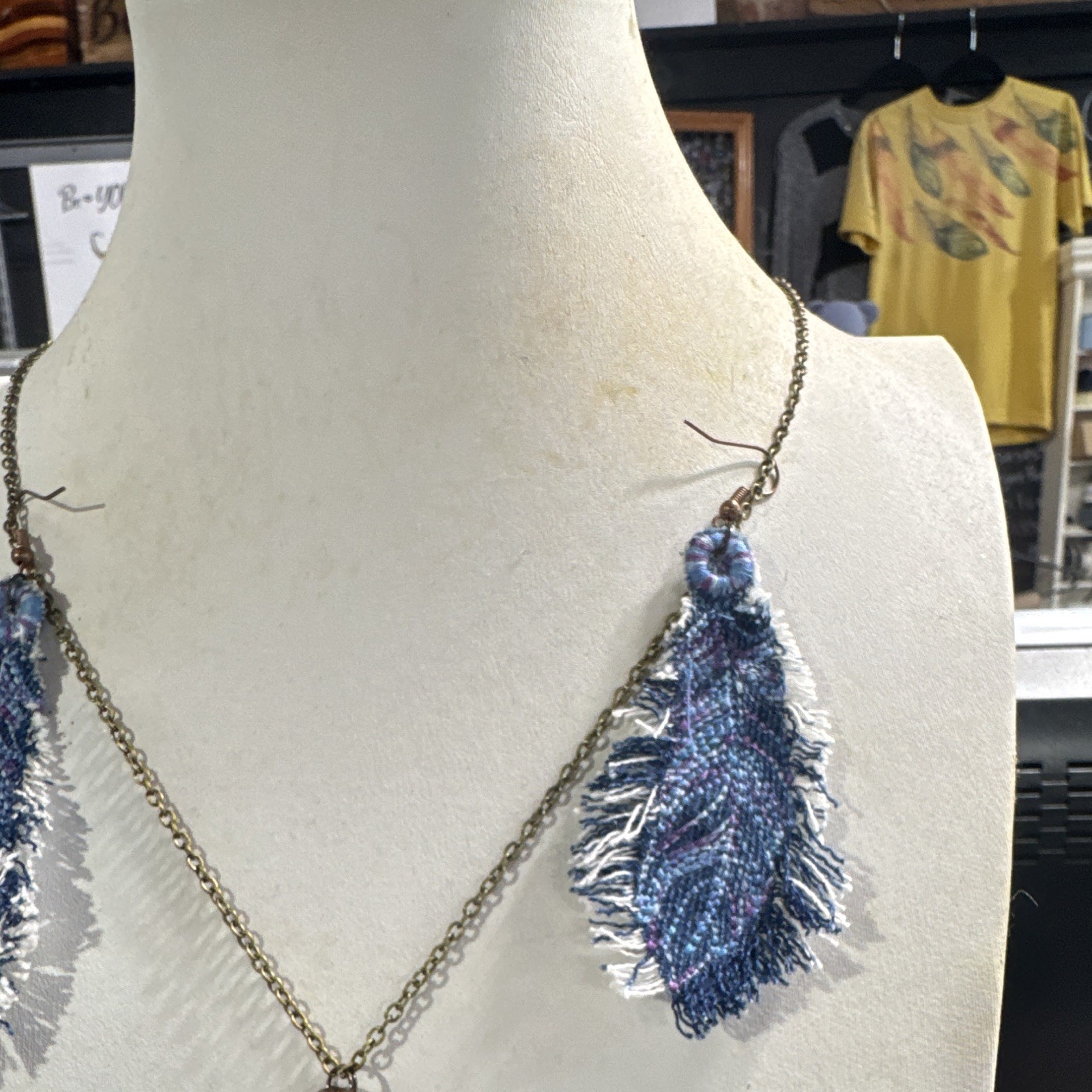 Blue Bohemian Custom Embroidery Feather Pendant Necklace & Earrings Jewelry Set