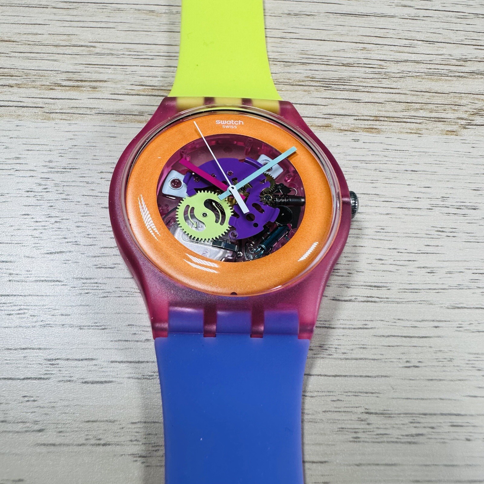 NEW✅ Swatch Dip In Color Orange Skeleton Dial Yellow and Purple Silicone Watch