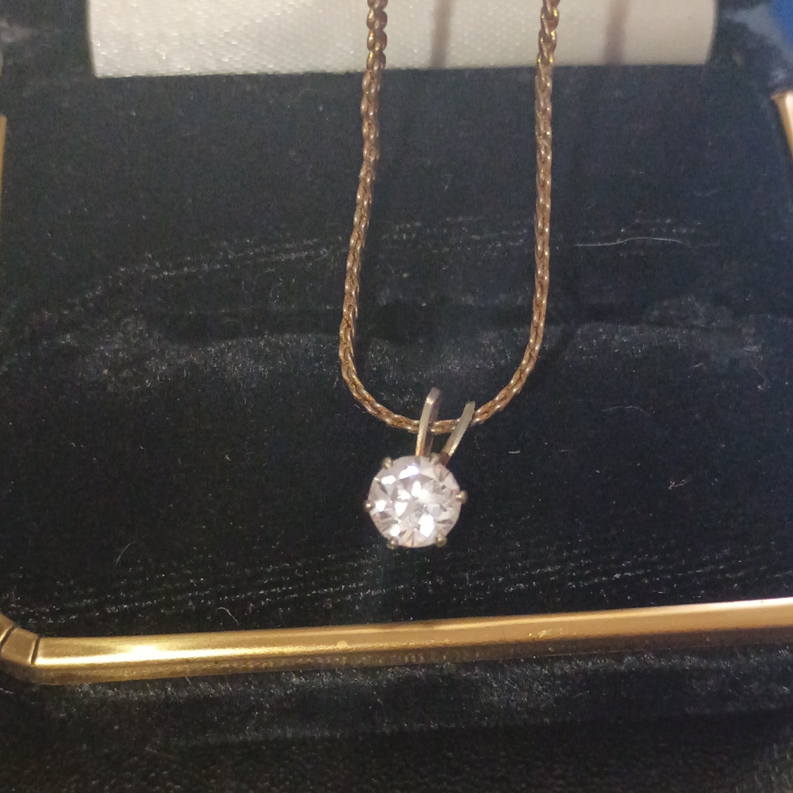 Gold Tone Chain Necklace, Round Clear Solitaire Pendant Charm, Prong Set