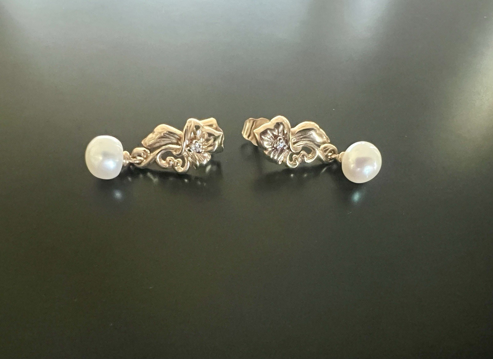 10K Gold Town & Country Diamond Flower Pearl Drop Earrings