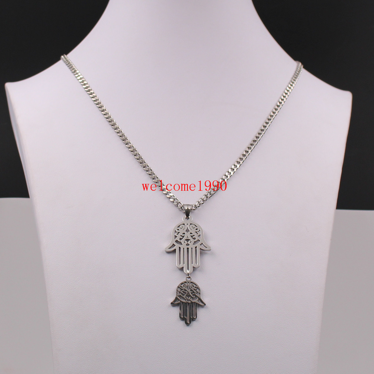 24” Pure Stainless steel Double Open Hamsa Hand Charms Pendant Men’s Necklace