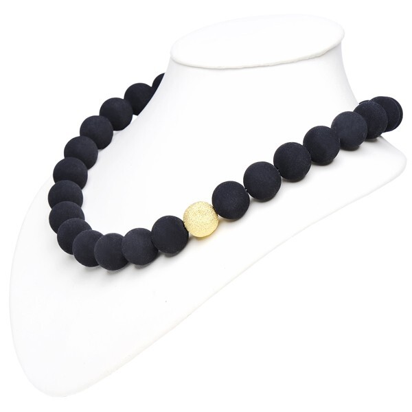 Chain Necklace Italian Lava & 925 Silver Gold Plated Asymmetrical Gold Black