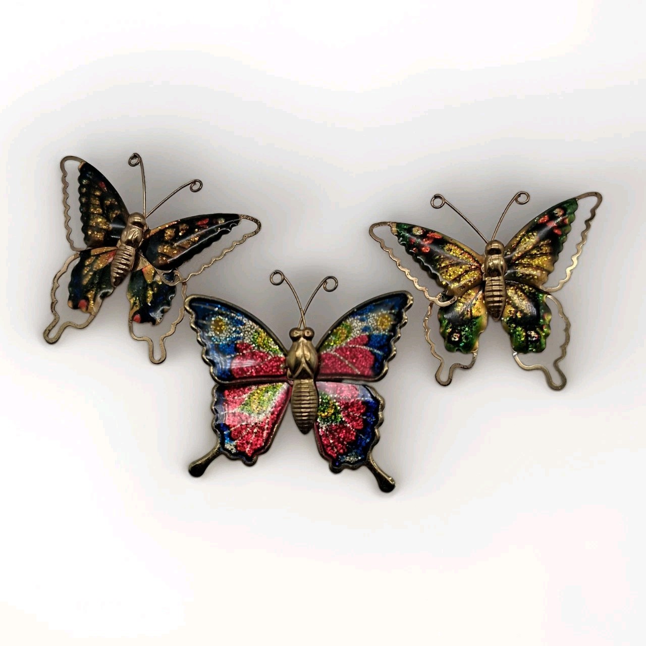 Three Vintage Metal And Enamel Butterfly Brooches, Taiwan
