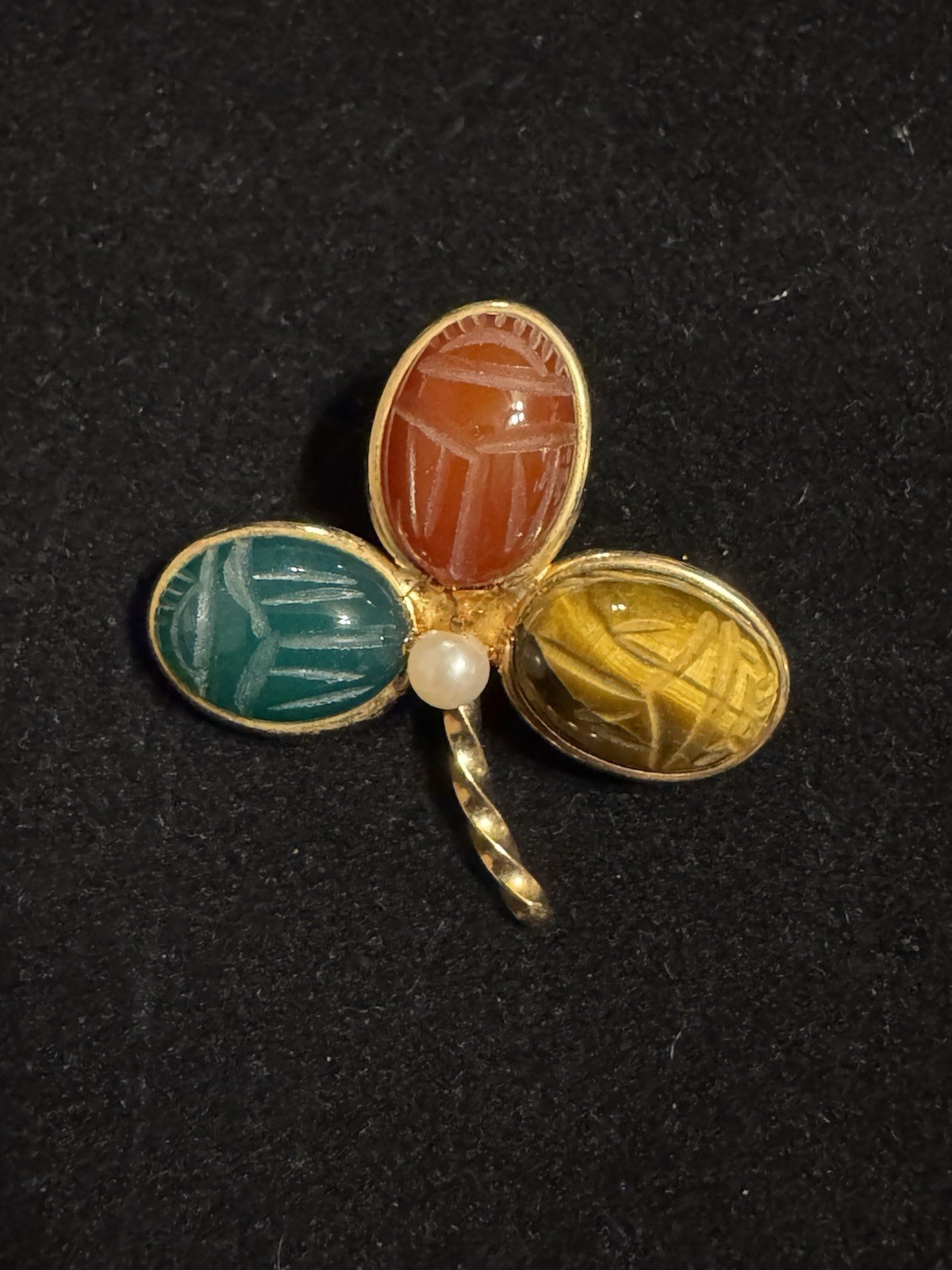 Vintage Signed BURT CASSELL 1/20 12k GF Scarab 3 Semiprecious Stones Pin Brooch