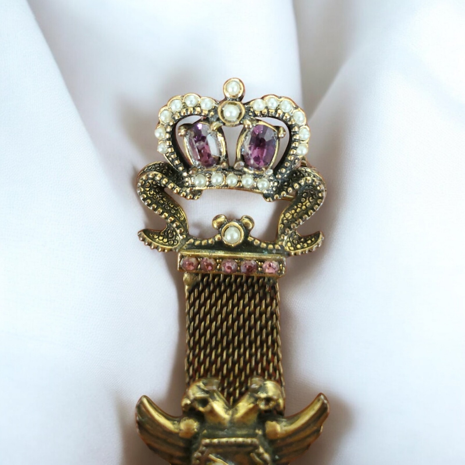 Vintage Victorian Mesh Drop Brooch Pin Gold Tone Amethyst Faux Pearl Crown Eagle