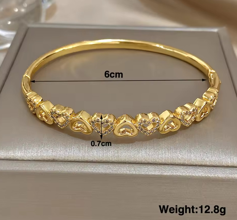 Gold Plated Zircon Heart Cuff Bracelet Copper Stackable Bangle for Women