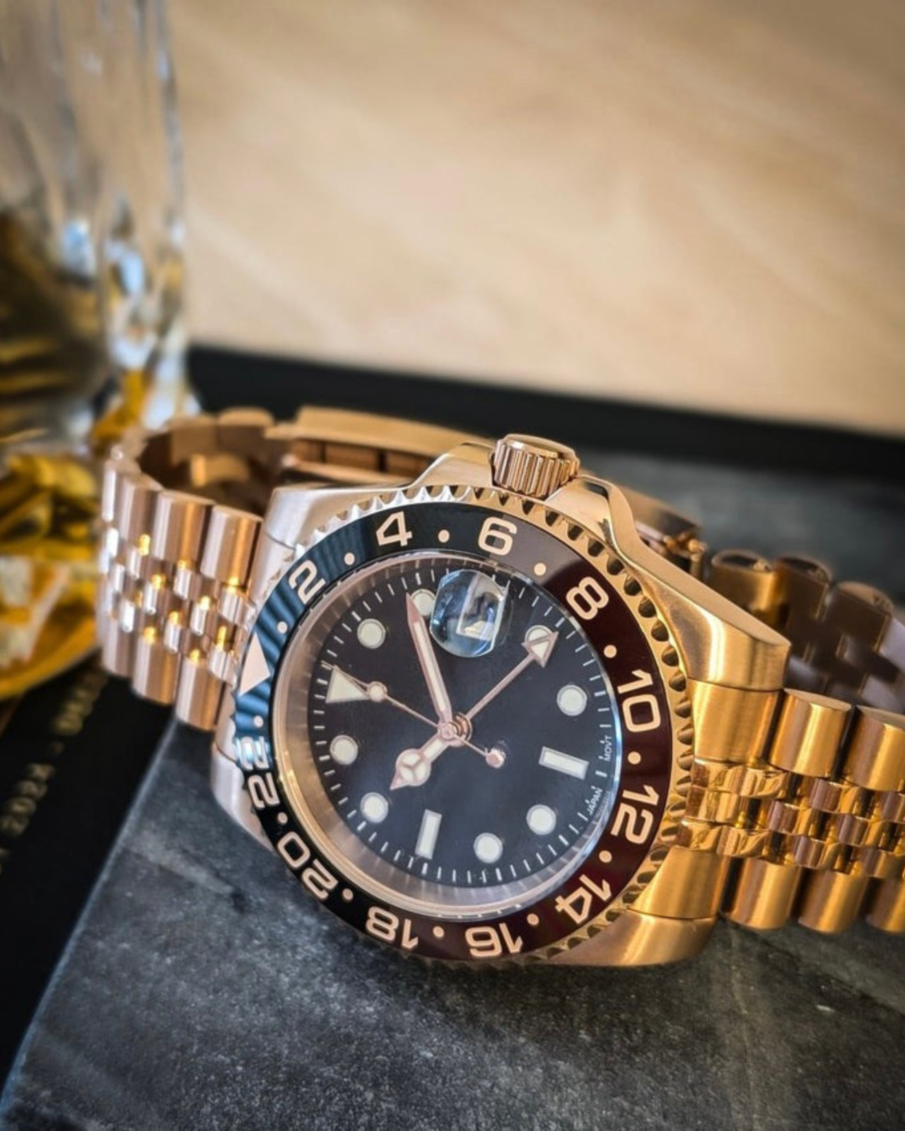 PrimeCrown Rose Gold GMT Automatic | Black/Brown Bezel | NH34