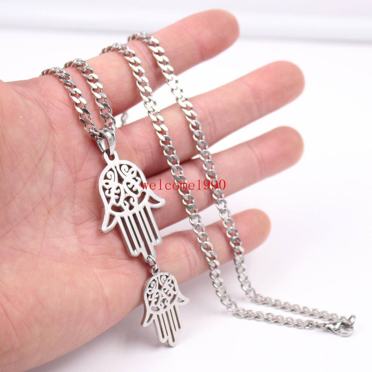 24” Pure Stainless steel Double Open Hamsa Hand Charms Pendant Men’s Necklace