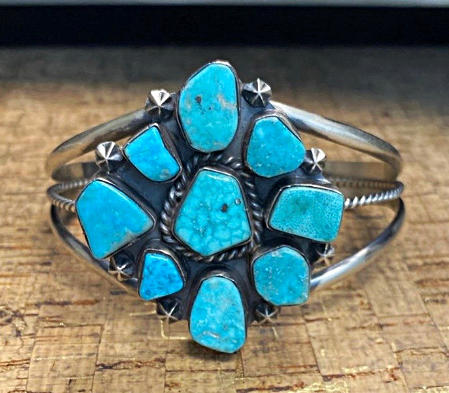 Native American Handmade 925 Sterling Silver Turquoise Cluster Cuff Bracelet