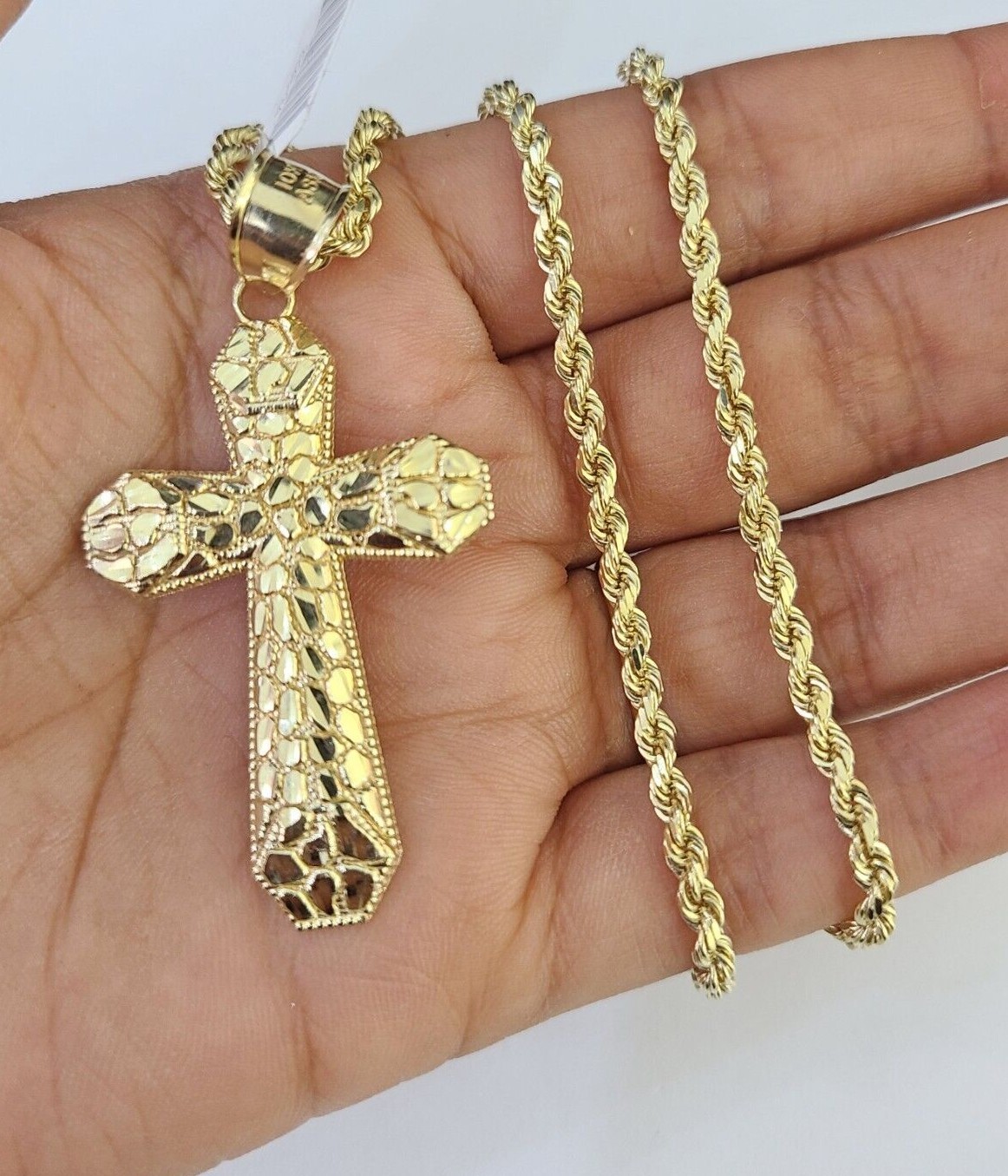 Real 10k Gold Rope Chain Jesus Cross Charm Pendant SET Necklace 3mm 20″-30″ Inch