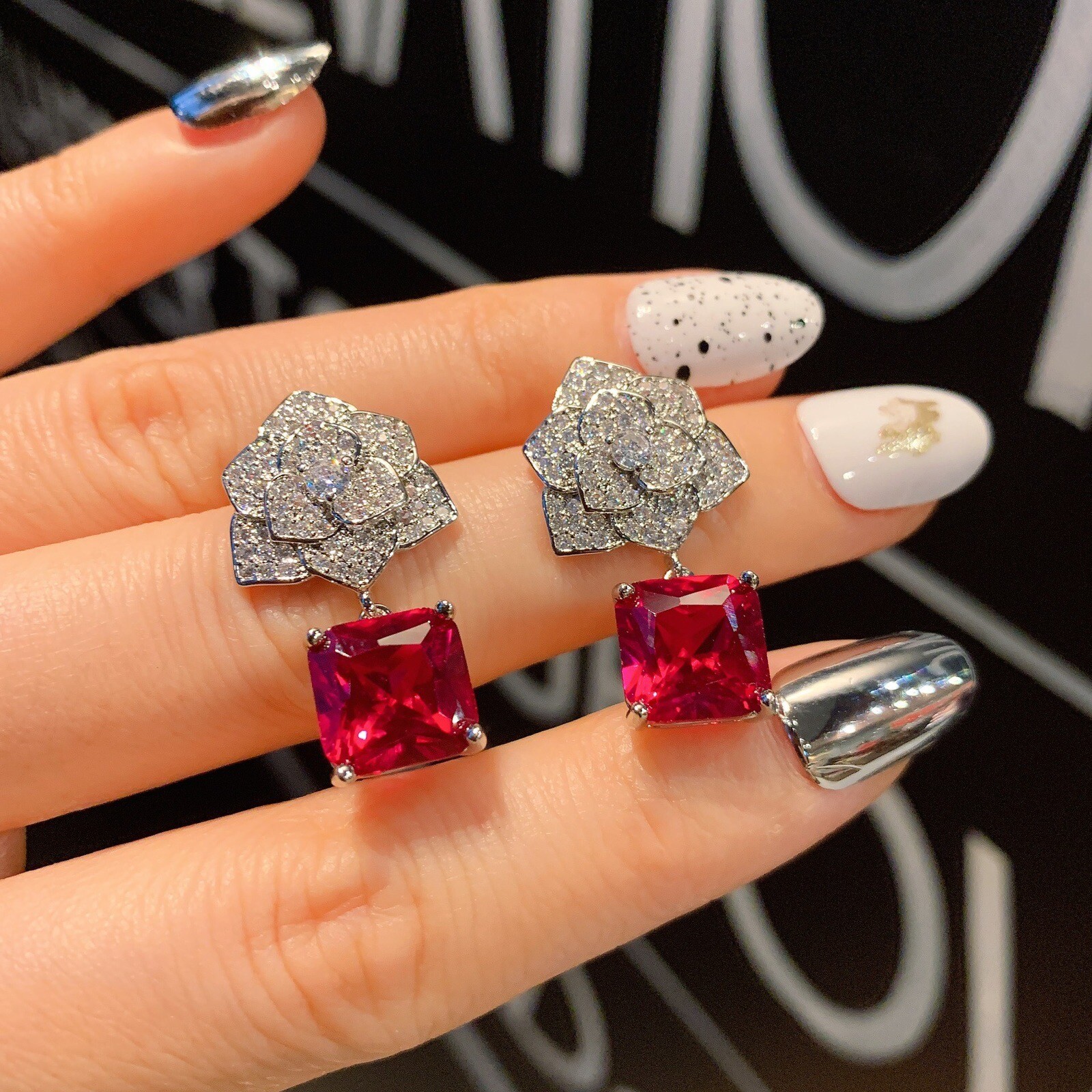 Red Cystal 925 Sterling Silver Gemstone Drop Earrings Women Floral Drop Earring