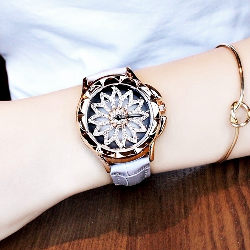 Luxury Women’s Rose Gold Genuine Lather Crystal Flower Rotation Quartz Watches