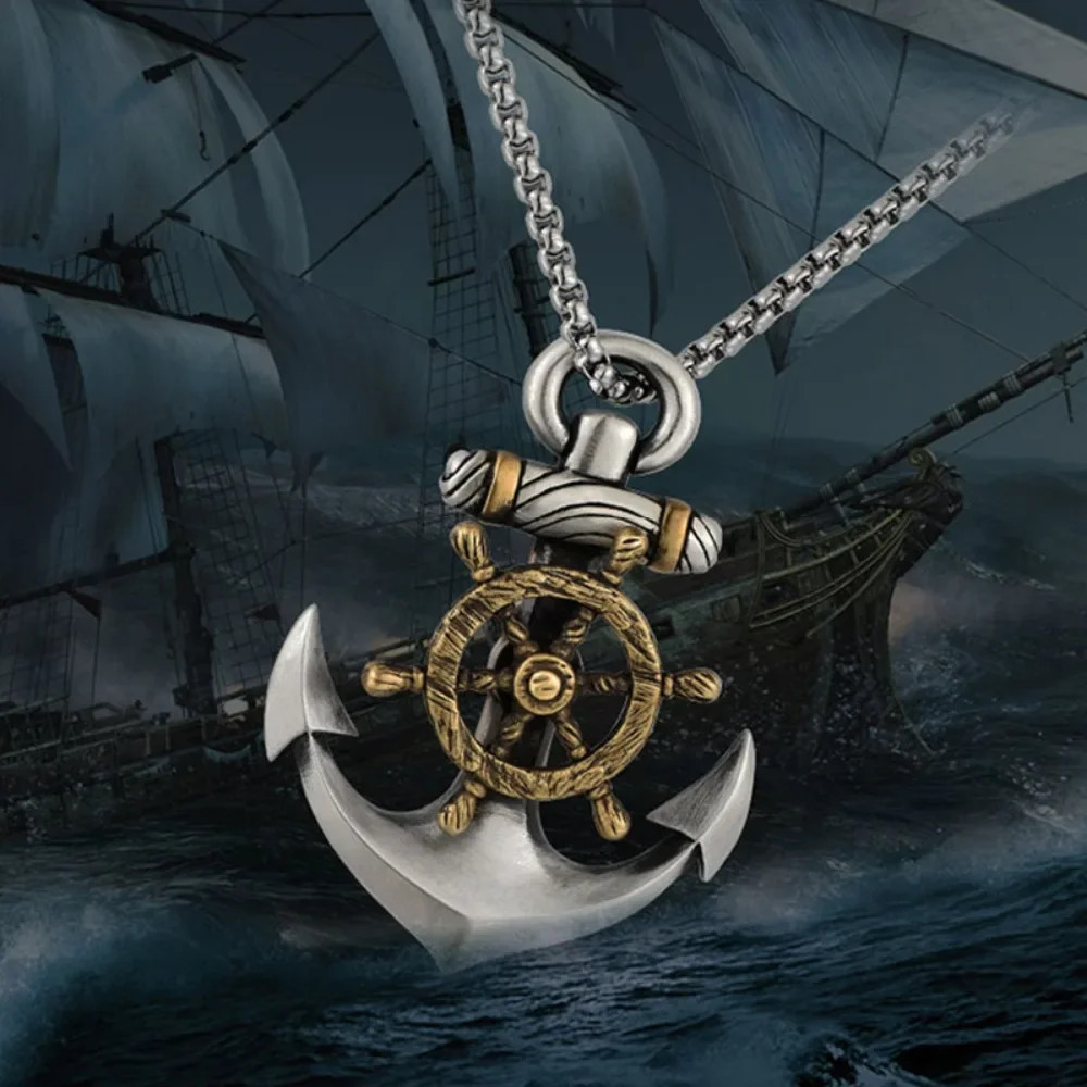 Retro Navy Pirate Anchor Pendant Necklace Men Women Rudder Punk Jewelry Gift