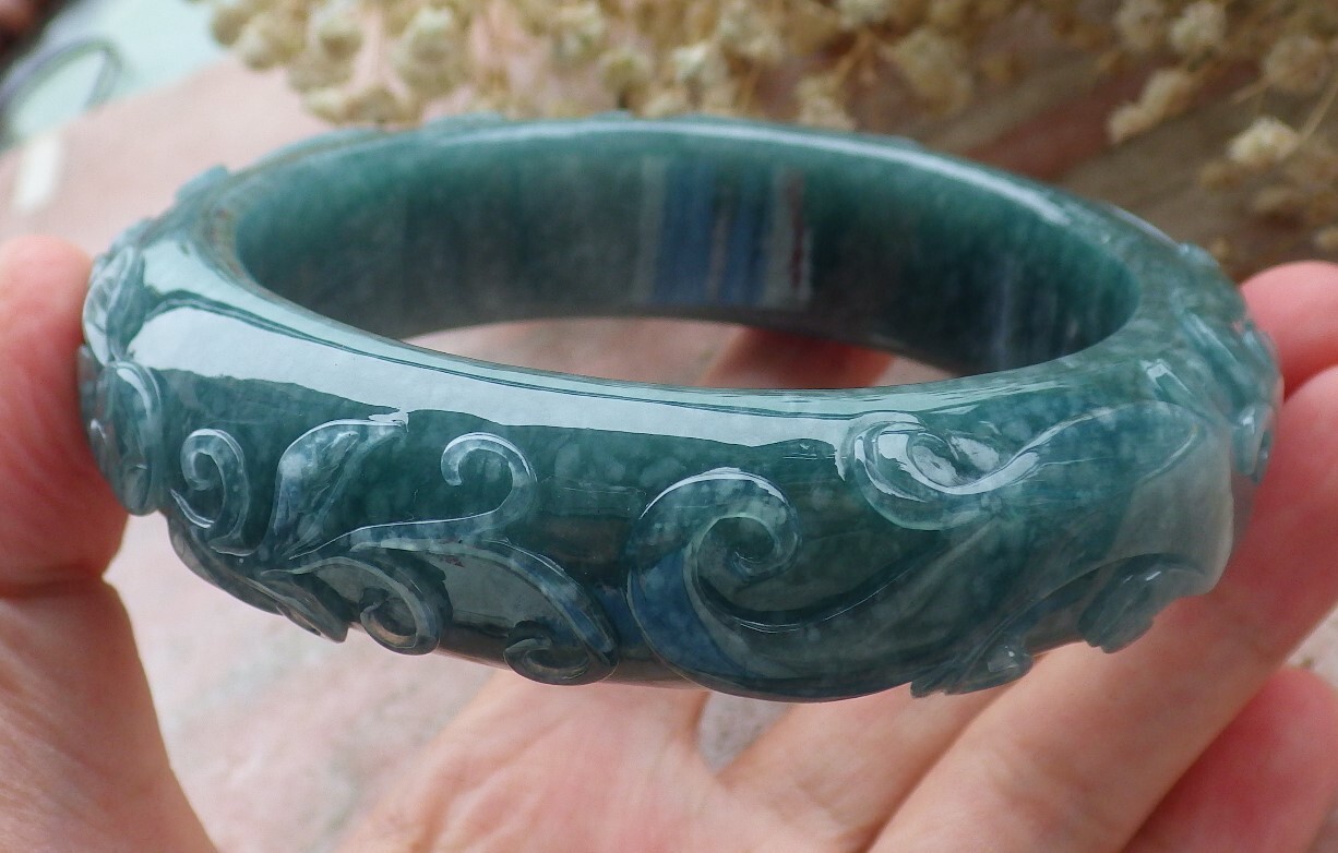 Certified Blue Green JADE Jadeite Dragon Phoenix Bangle Bracelet 69mm 589283 AS