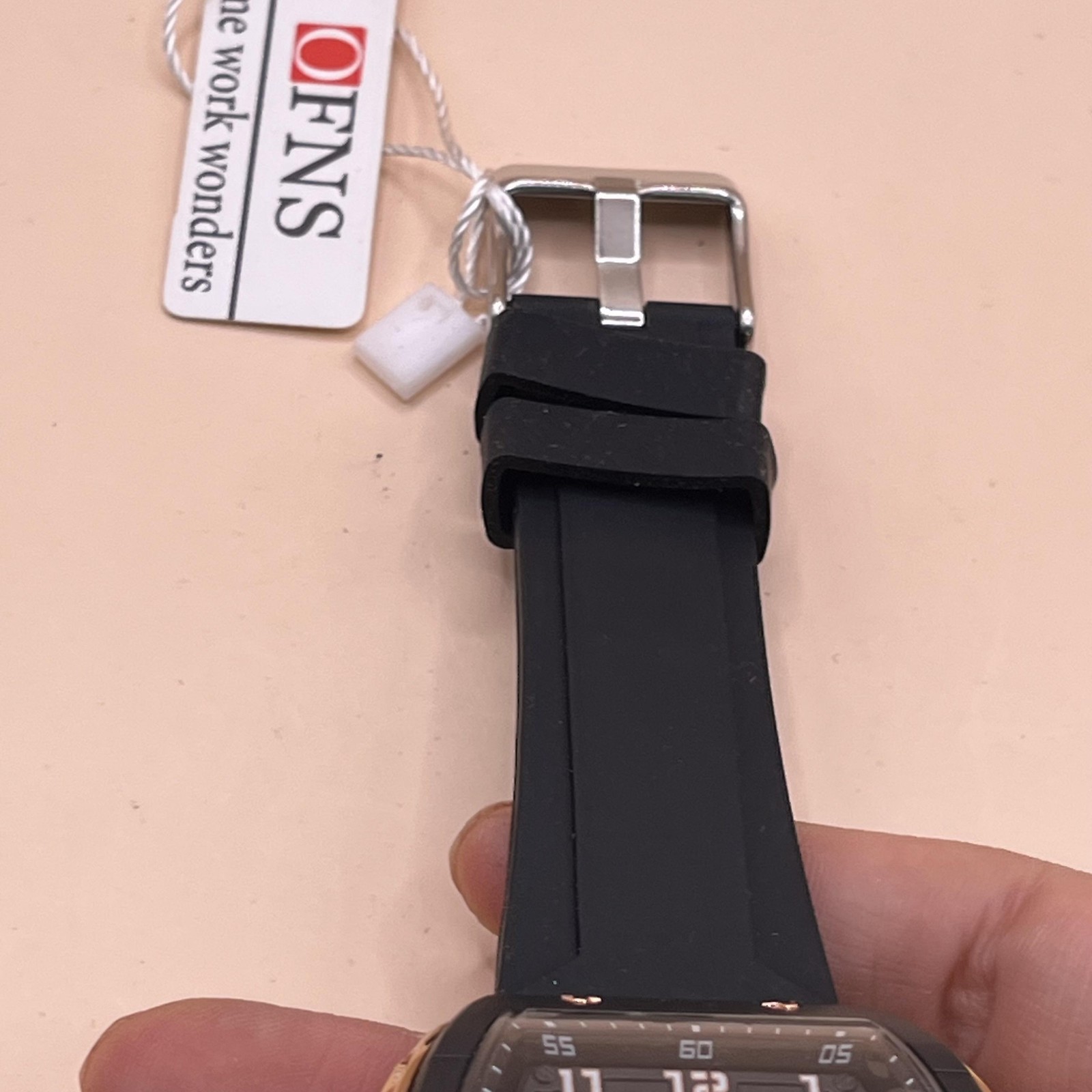 OFNS Watch Mens Black Rose Gold Tonneau Ana-Digi Silicone Strap Quartz S6157