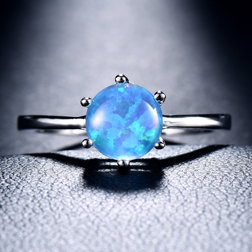 Simple Round Design 6MM Rainbow Blue Fire Opal Silver Woman Ring US Size 6-10