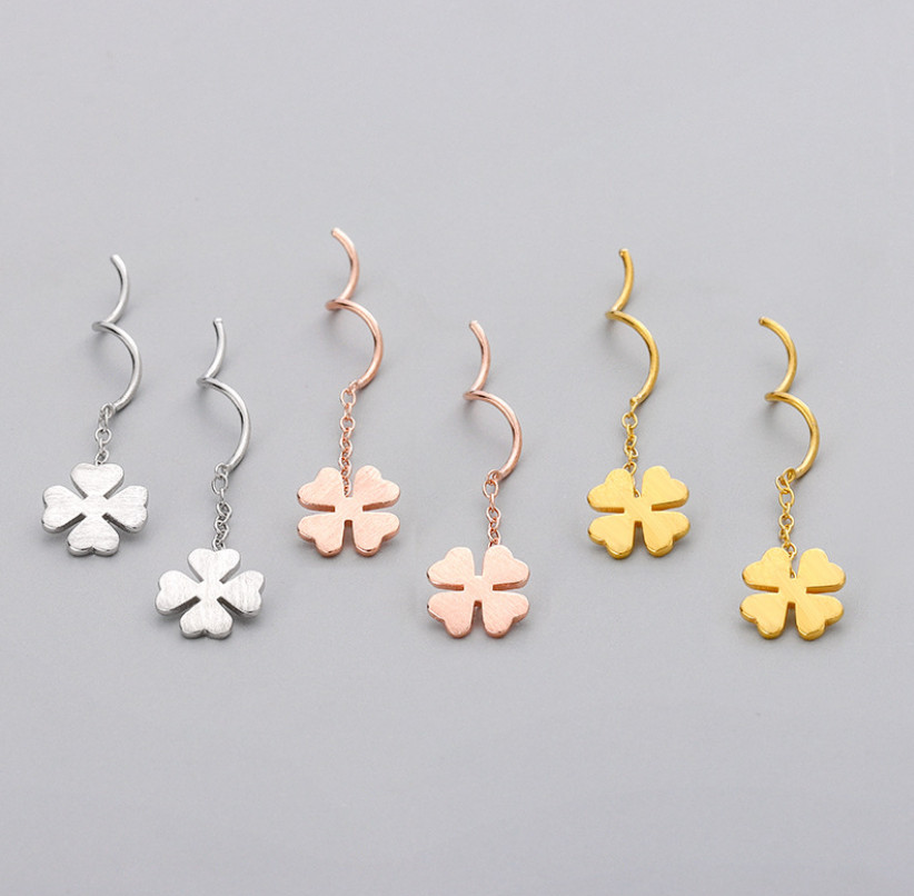 S925 Sterling Silver Wave Clover Dangle Pull Through Threader Stud Earrings K15