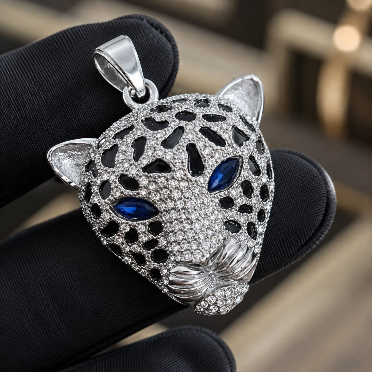 Iced Out Leopard Head Pendant Silver Stainless Steel Blue Red Green Eyes