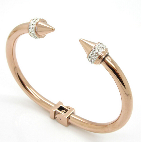 Pure Stainless steel Bracelet Women / Lady Cuff Open Bangle Rivet Nail Crystals