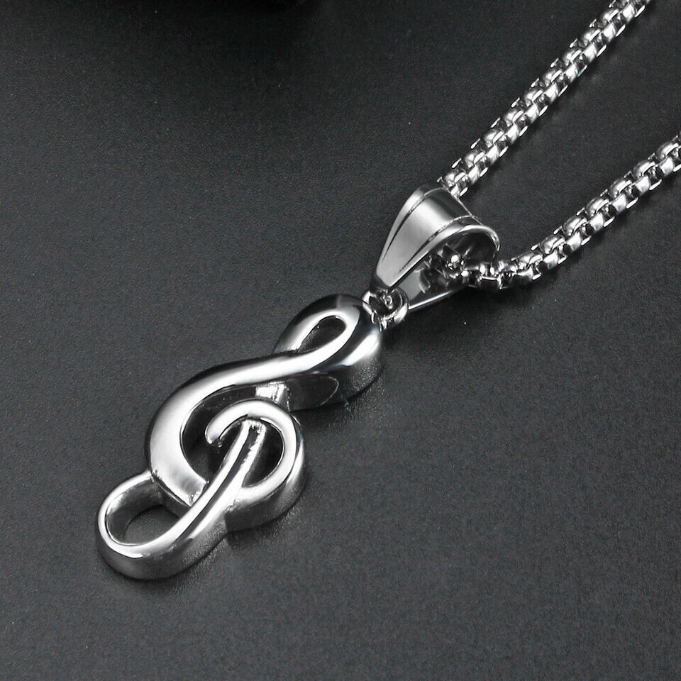 Silver Music Note G Treble Clef Pendant Necklace with Chain 24″ Mens Womens