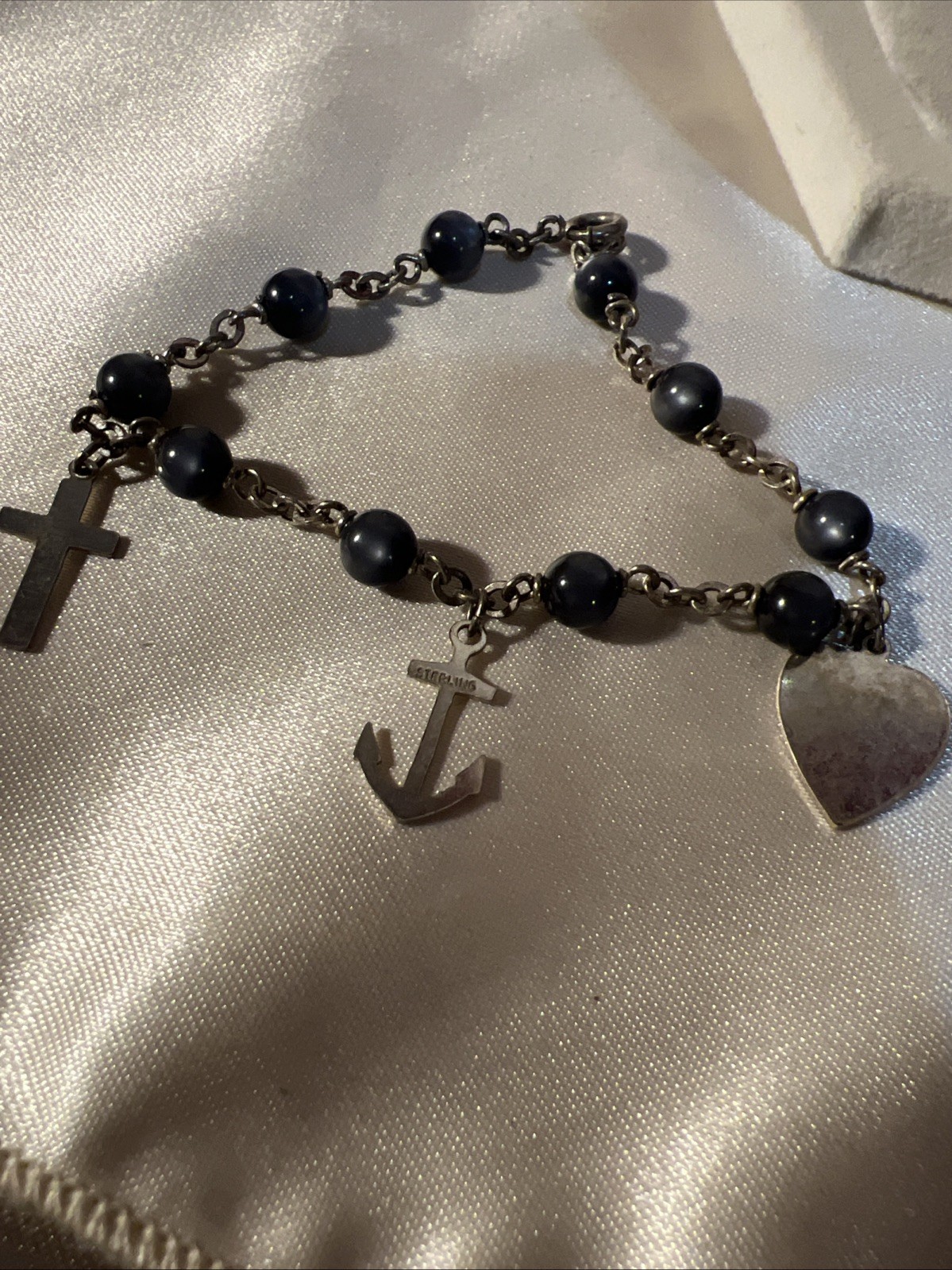 Vtg Antique Sterling Silver 925 Cross religious Nautical Charm Bracelet 7”