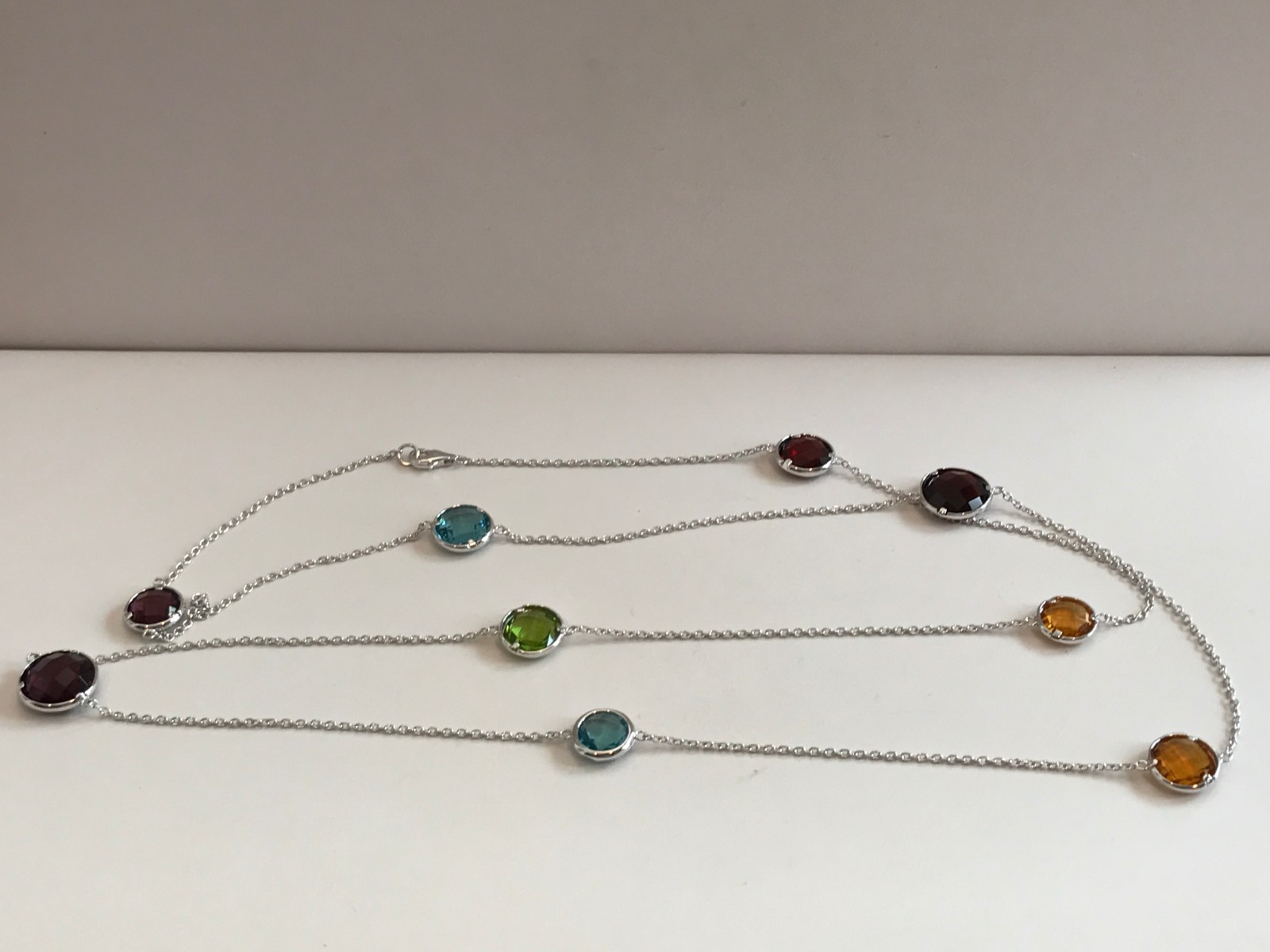 36” LONG MULTI- COLOR NECKLACE W/ MULTI- COLOR GEMSTONES / 925 STERLING SILVER