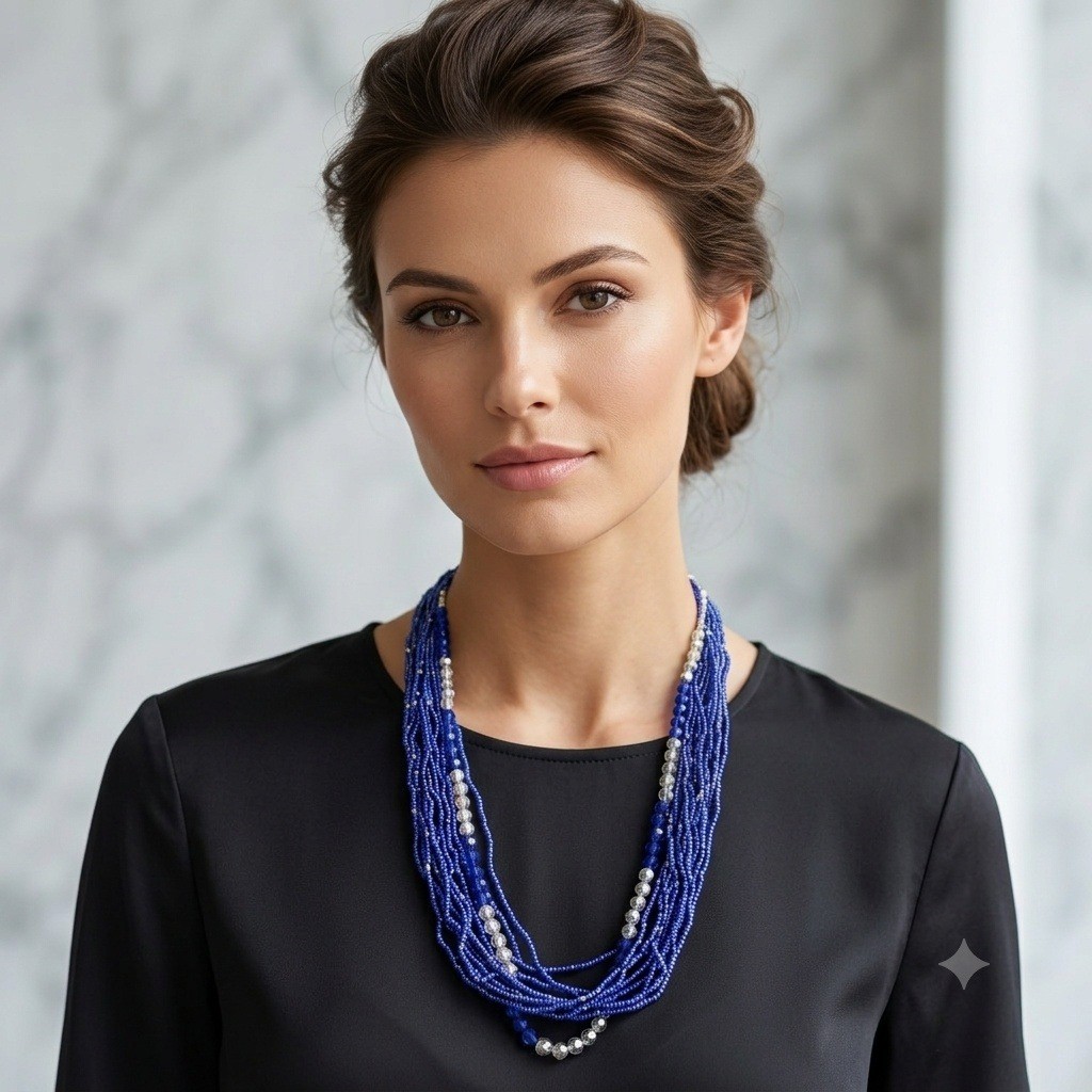 Royal Blue Multi Strand Beaded Statement Necklace 32″ Boho Chic Maximalist
