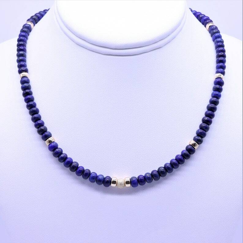 6mm Blue Lapis Lazuli & Gold Filled Modern Beaded Gemstone Choker Necklace