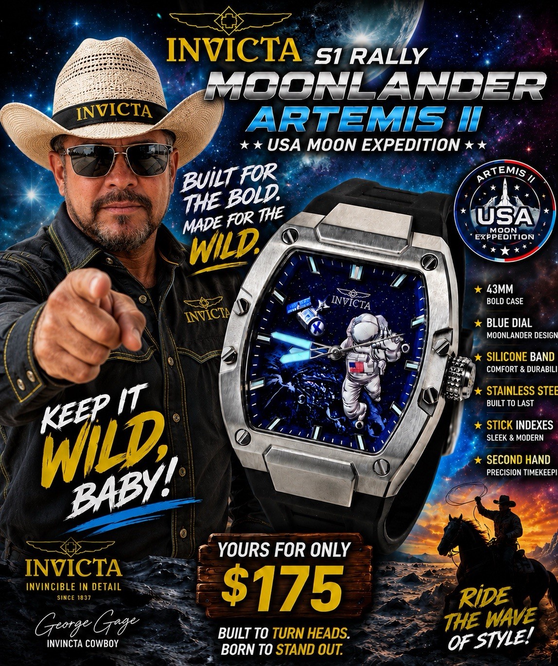 Invicta S1 Rally Moon Lander Artemis II 43mm Quartz Blue Dial Black Silicone Box