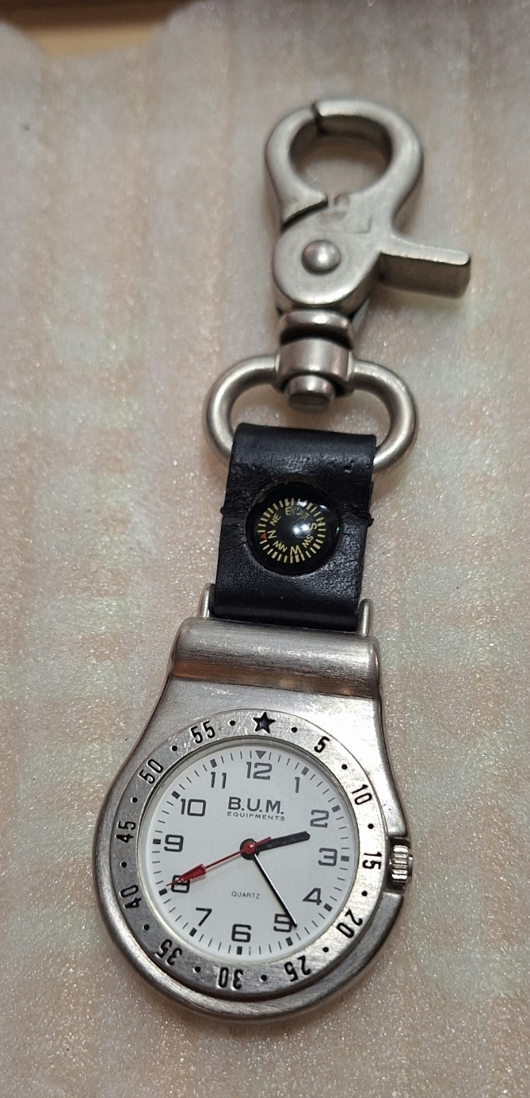 B.U.M. Equipment Quartz Key Ring Clip Watch w/ Compass, White Dial, Silver SS