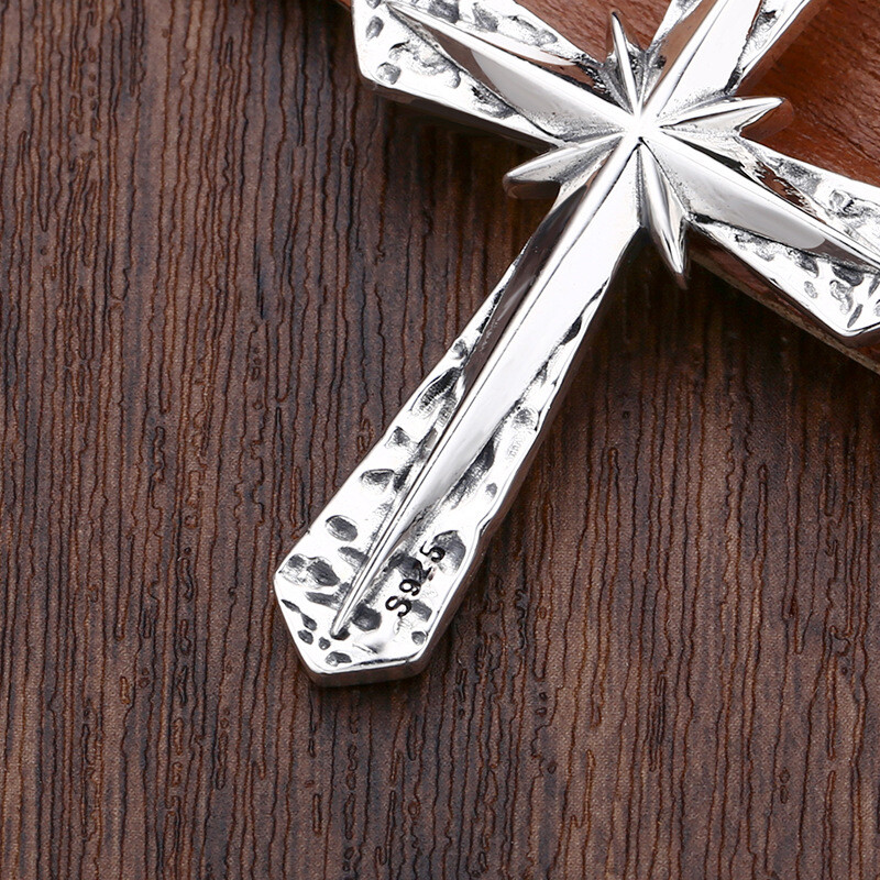 S925 Silver STARBURST CROSS Pendant Textured Hammered Mens Large HEAVY 16g