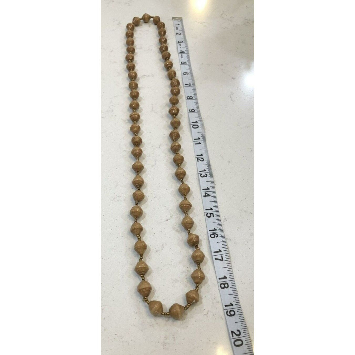 Tan Paper Bead Long Necklace Boho Wood Grain Style Gold Spacers 39 Inch