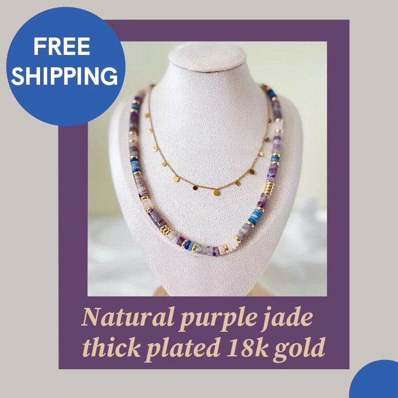Layered Jade Necklace Set, Purple/Blue/White Beads, 18K Gold Plated, Handmade