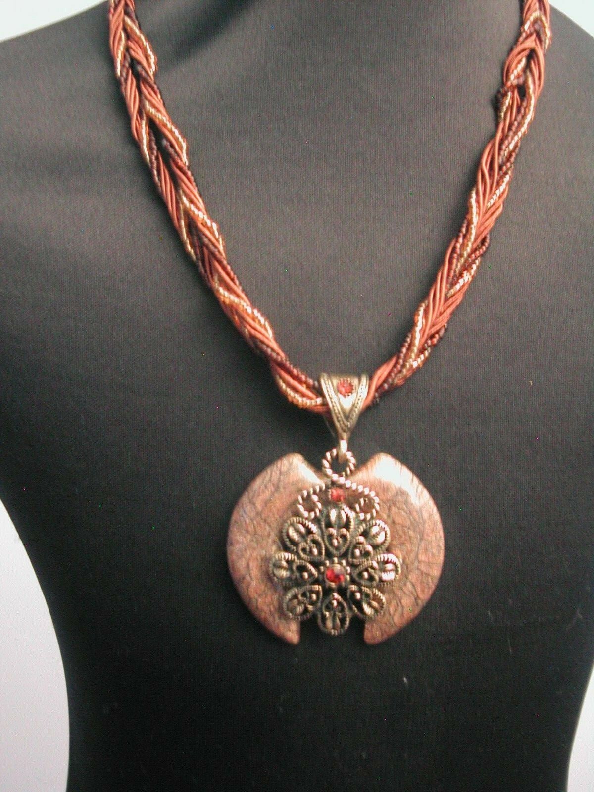 Brown beaded and strings woven necklace and pendant, NWOT, 17 to 19-1/2 inches