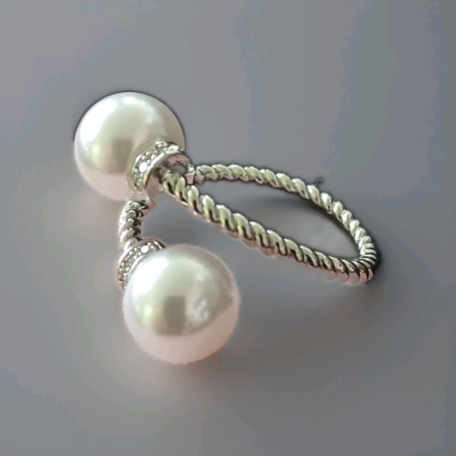 Silver Tone Adjustable Wrap Open Bypass Ring w/ 2 White Round Faux Pearls