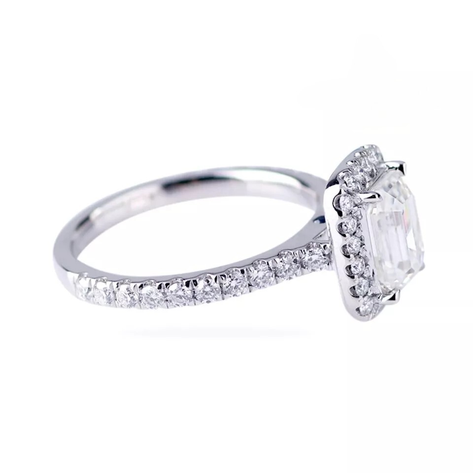 Solid 14K White Gold Moissanite Halo Engagement Ring Emerald Cut 2 Carat F/VVS1