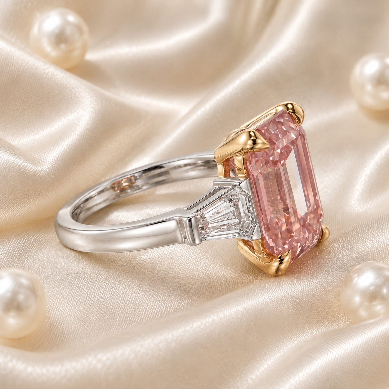 Fancy Intense Pink Diamond Ring 18k Multi Gold IGI Lab Grown 4.70 Ct Emerald Cut
