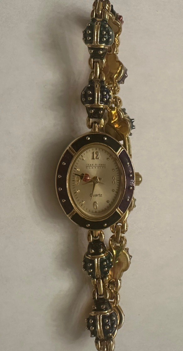 VTG Joan Rivers Red/Purple/Green Enamel Ladybug Watch Gold-Toned/New Batt./Runs