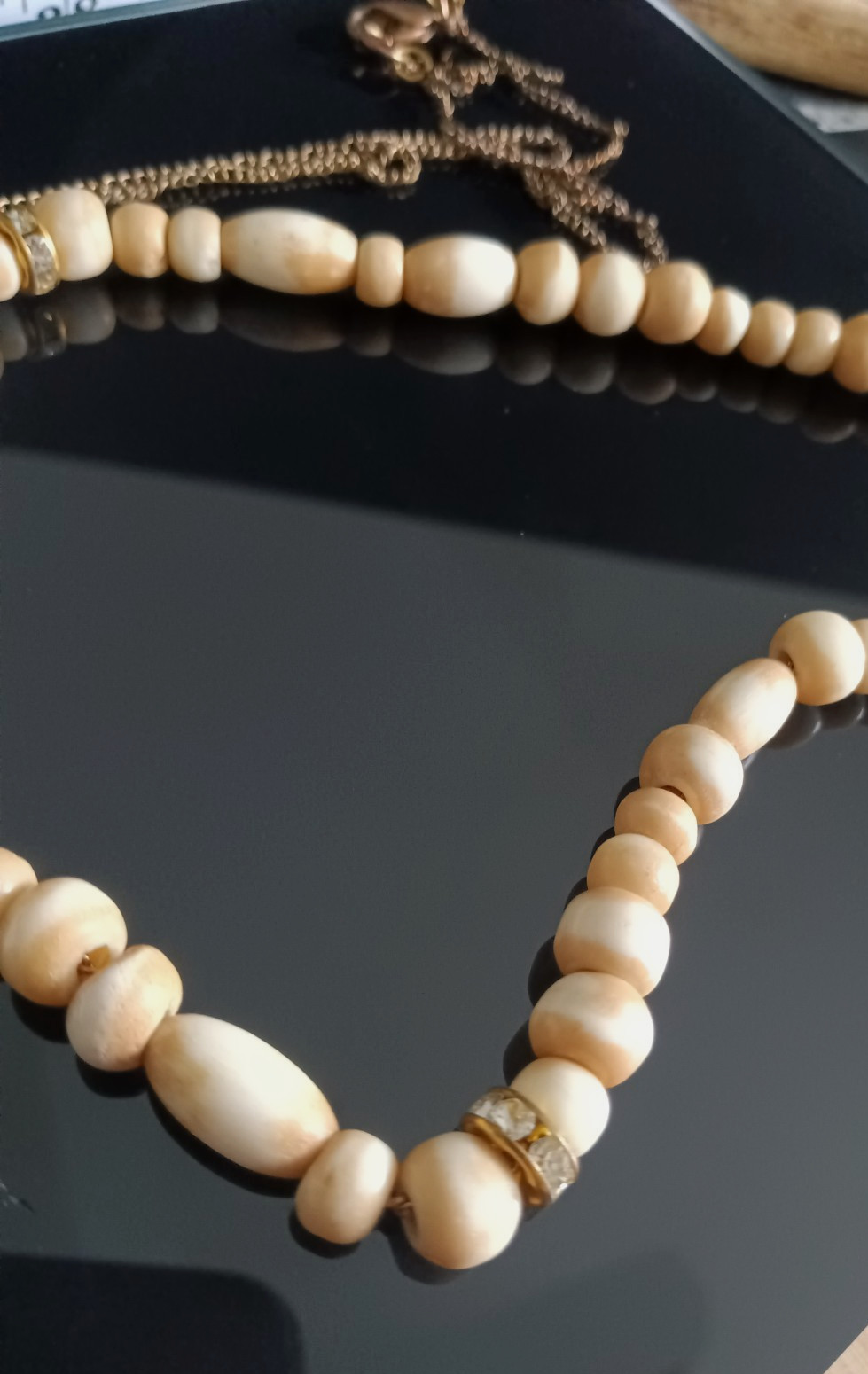 Natural Stone Necklace Bead Neutral Beige Cream Boho Long Rhinestone Spacer 34″