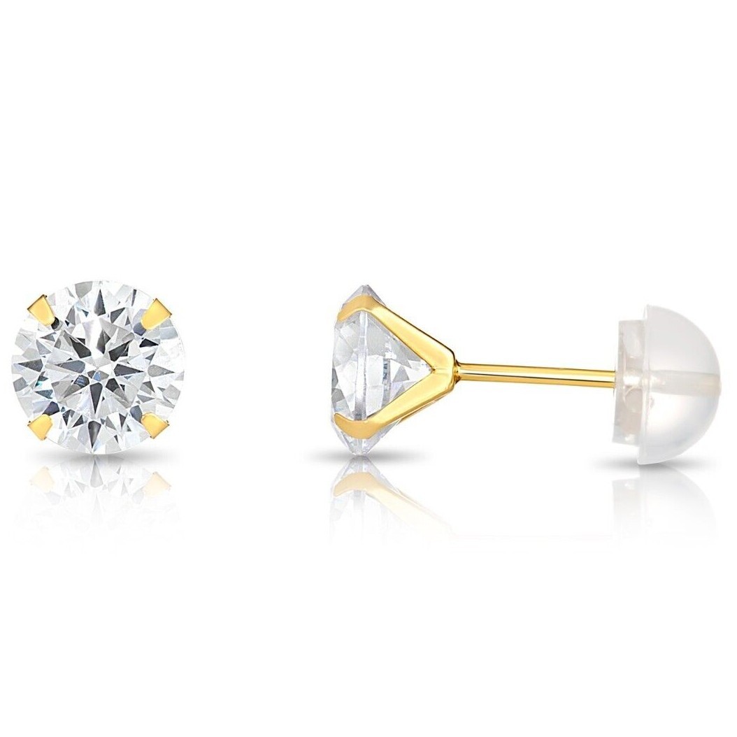 14K Real Solid Gold Solitaire Round CZ Stud Earrings Siliconeback Stamping 2-8mm